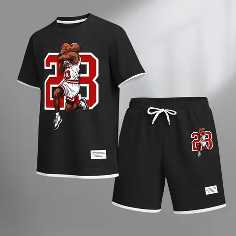 Men's 23 Basketball Print Drawstring Shorts Set For Spring/Summer. A Casual Summer Outfit, Including A Short-Sleeved Shirt And Shorts, Suitable For Everyday Wear And Sports. A Two-Piece Set For A Relaxed And Energetic Lifestyle.