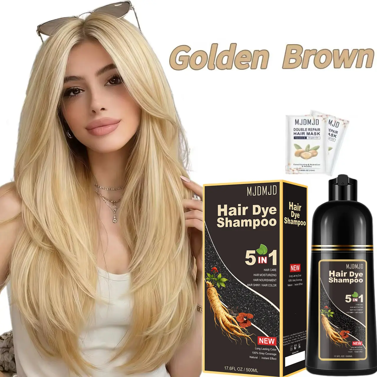 MJDMJD 5-in-1 Hair Dye Shampoo, Golden Brown Instant Color for Grey Coverage with Ginseng, Sulfate-Free Kit with 2 Masks, 500ml, Haircare