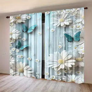 2-piece set of blue flower small fresh Zou chrysanthemum Window Curtain curtains, durable semi transparent polyester material curtains that can be washed, suitable for bedroom/living room/study, ideal curtains for home decoration