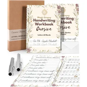 (R) Grooved Cursive Handwriting Workbook Kit - Large Cursive Workbook for  8-12 and Adults, Magic  Grooved Handwriting Practice, Letters Words & Affirmations, Cursive Charm, 9.8"x7"