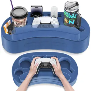 6 Slots Couch Cup Holder Pillow, Removable Washable Couch Organizer Caddy with Customized Game Controller Hole & Armrest Pads, Gamer Gift for Remote, Phone, Snack Storage