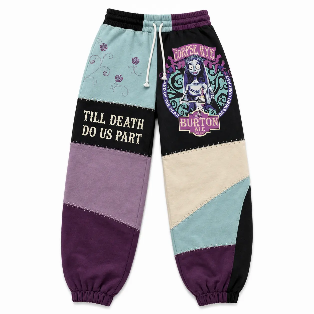 C0rpse Br1de Halloween Sweatpants, Cartoon Patchwork Jogger Pants, Gothic Spooky Streetwear Pants, Fall Winter Pants, For Men & Women, Gift For Horror Movie Fans