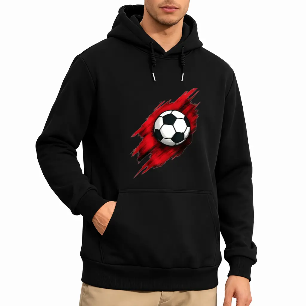 Men’s Long Sleeve Hoodie with Fade-Resistant Red Streak Soccer Ball Graphic – Machine Washable, Sporty and Comfortable for Game Days & Family Gatherings