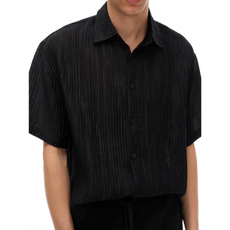ZF - Textured Short Sleeve Button-Up Shirt - Black ZF - Textured Short Sleeve Button-Up Shirt - Black