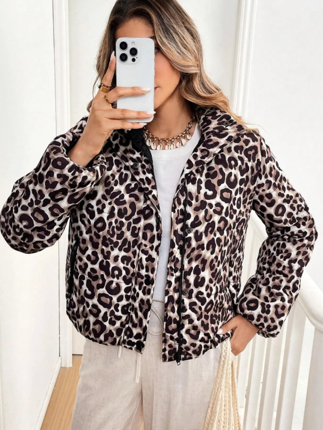 Women's Leopard Print Quilted Warm Jacket, Fashion Jacket, Coats, Long Sleeve Fitted Outerwear, Fall & Winter Casual Clothing, Thanksgiving