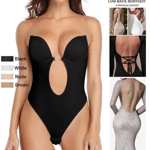 Women's Seamless U Plunge Bra Deep V-Neck Backless Strapless Bodysuit Built in Bra Low Back Thong Full Body Shapewear for Wedding Party Comfortable Farbic Womenswear Upgraded, Basic Minimalist Nylon Lingerie Bridal