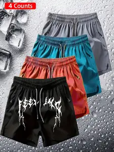 4-Pack Gothic Shorts, Dark Trendy, Unique Style, Thorn Gothic Font Print, Quick-Dry Breathable Fabric, Unisex, All Seasons