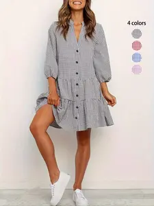 Women's Gingham Print Button Front Ruffle Hem Shirt Dress, Casual Bishop Sleeve Notched Neck Short Dress for Spring & Fall, Women's Clothes for Daily Wear, Casual Dresses