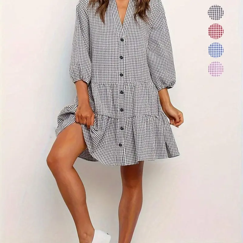 Women's Gingham Print Plaid Button Front Ruffle Hem Shirt Dress, Casual Bishop Sleeve Notched Neck Short Dress for Spring & Fall, Casual Chic Dress, Women's Clothes for Daily Wear, Casual Dresses, Blouse Dress, Casual Daily Outfit, Dresses with Sleeves