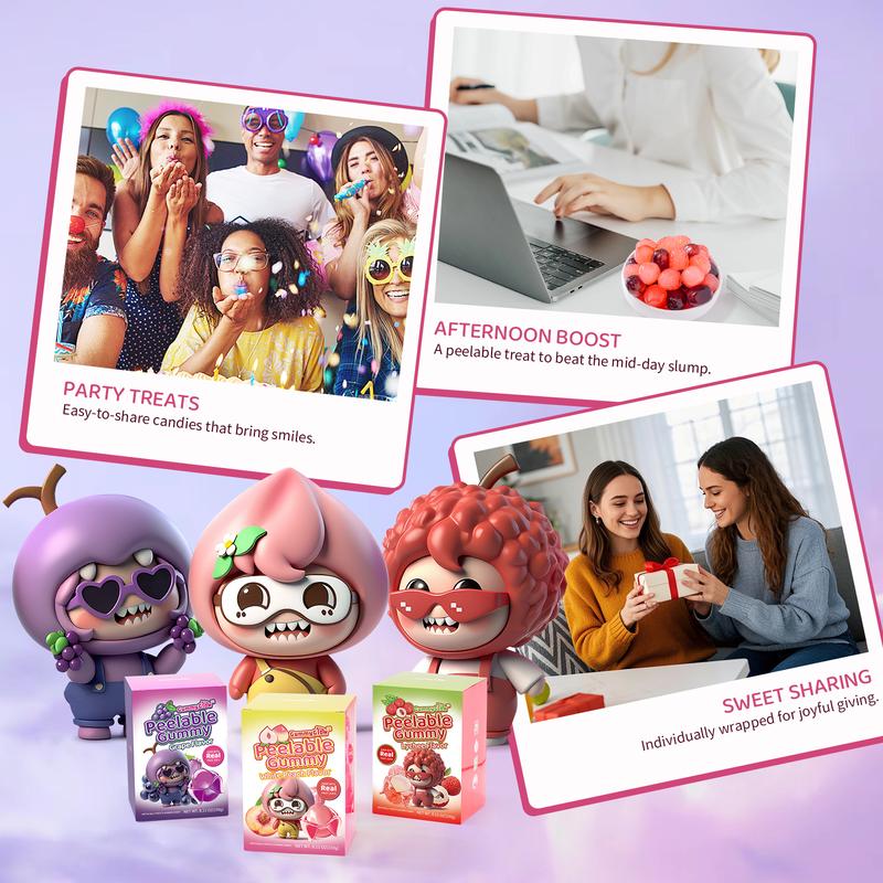 【2 Boxes Delivered】GummyGlow Peelable Candy Real Fruit Juice Lychee Grape Peach Gluten-Free Snack for Party & Sharing Sweet Juicy Chewy45 pieces/box