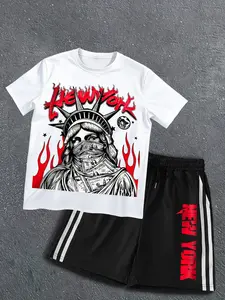 Men's Casual Letter Print Round Neck Short Sleeve & Drawstring Shorts Set, Loose Fit Summer Wear, Ideal for Office, Travel, Outdoor Activities