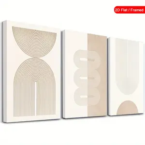 2D plane, 3-piece set of modern minimalist abstract framed canvas wall art - neutral tones, suitable for the living room, neutral vintage geometric print poster painting, neutral tones, suitable for home aesthetic gifts, room decoration, 2D plane