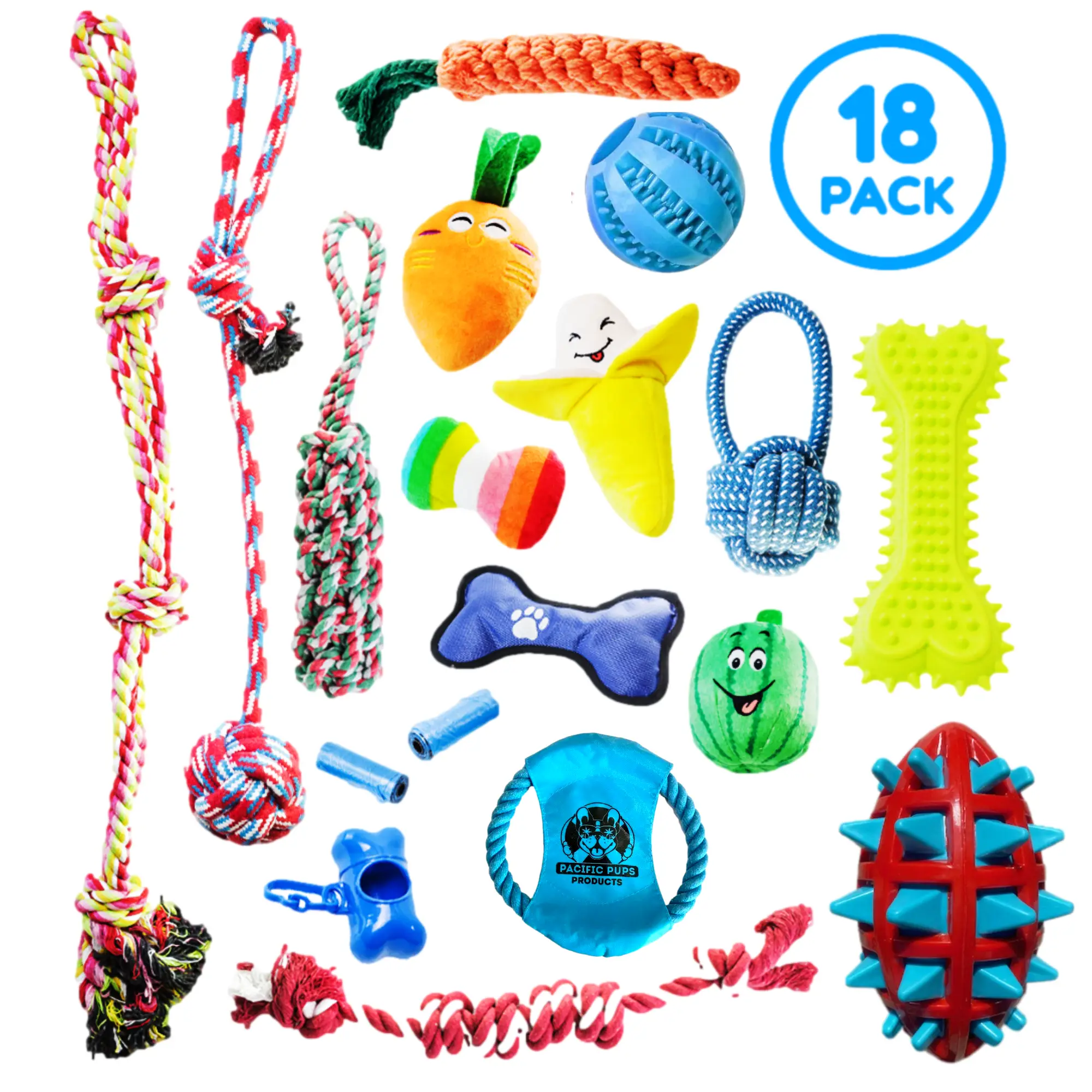 Pacific Pups Products - Dog Toys 18 Piece Set - Variety of Dog Chew Toys, Dog Rope Toys and Plush Dog Toys with Squeakers - For All Sizes and Breeds