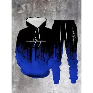 Men’s Casual Polyester Hooded Sweatshirt and Sports Pants, Black and Blue Colorblock with Letter Print, Comfortable and Elastic Fit, Regular Style, Suitable for Leisure and Outdoor Activities, Spring and Autumn Series, Plus Size