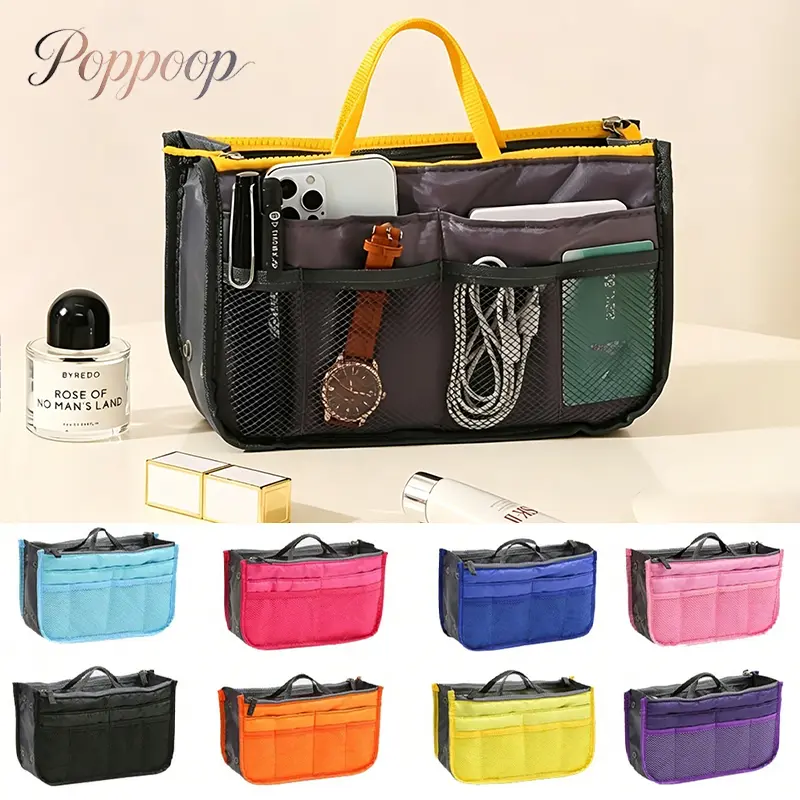 Purse Organizer Insert with Handle, Multi Pocket Tote Bag Organizer with Zipper, Lightweight Mesh Handbag Insert Liner, Travel Essentials Storage Bag for Women, Makeup Phone Wallet Key Organization, Everyday Carry Bag Accessories