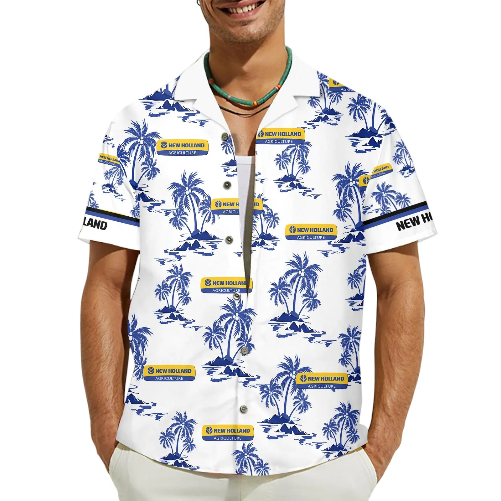 Blue Palm Tree Hawaiian Shirt, Agriculture Inspired Button Down Shirt, Farm Life Summer Aloha Shirt, Casual Vacation Gift for Farmers