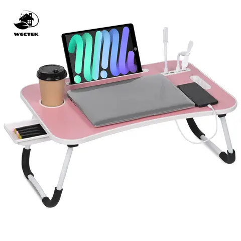 [ChristmasGift] WGCTEK Laptop Bed Desk, Portable Foldable Laptop Table, Lap Desk Tray Table with 4 USB Ports, Storage Drawer and Cup Holder, for Bed/Couch Working, Reading - Black/White/Pink/Walnut