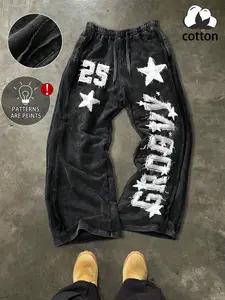 Men's High-Quality Cotton Casual Sports Pants, Side Stripes Design, Star Letter Print, Casual Style, Soft Comfortable, All Seasons