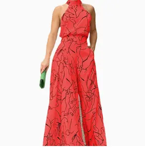 Women's Abstract Print Sexy Jumpsuit Casual Round Neck Fashion Romper in Vibrant Red with Bold Black Lines