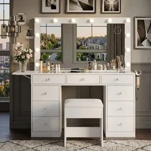 White Vanity Desk with Power Outlet & Lighted Mirror, 3 Adjustable Lighting Modes, 9 Drawers & Fold-Up Panel, Glass Top, Vanity Set with Chair, Bedroom Makeup Vanity for Women & Girls