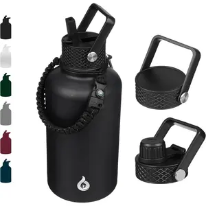 Half Gallon Insulated Water Bottles with Straw Lid, 64oz Large Water Jug, Stainless Steel Bottles with 3 Lids and Paracord Handle, Thermo for Hot & Cold Liquid, Black