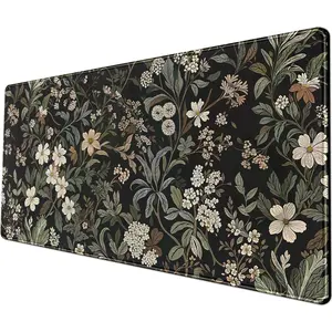 Floral Desk Pad Leaves Vintage Aesthetic Desk Mouse Pad Flower Plant Black Extended Mouse Pad Large Gaming Mousepad XL Laptop Computer Mouse Keyboard Mat 24 x 14 in for Office Desk Decor.