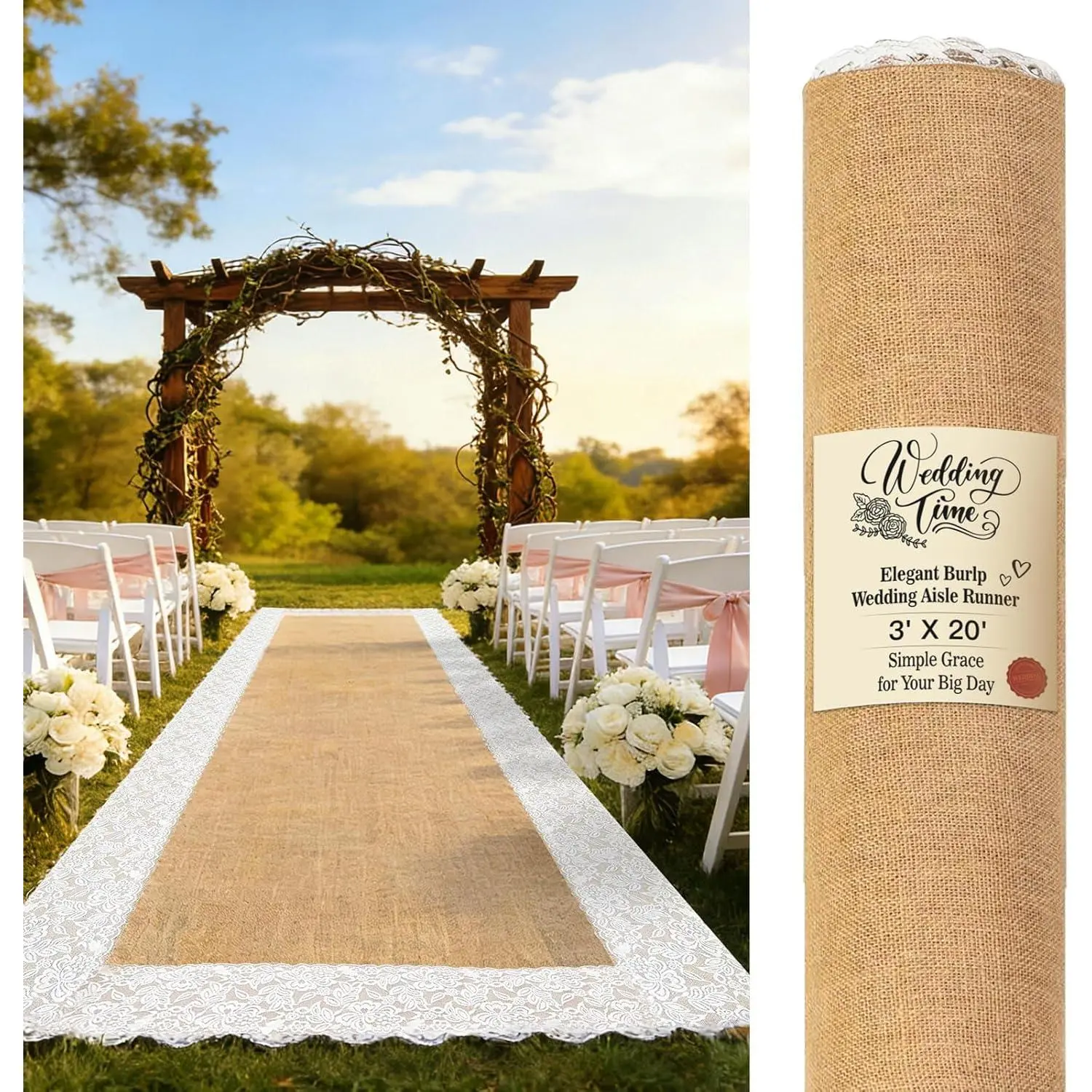 3FT x 20FT Natural Burlap Wedding Aisle Runner Outdoor, Aisle Runner for Wedding Ceremony with Lace, Rustic Jute Carpet Rug, Beach Wedding Decor Aisle Deco