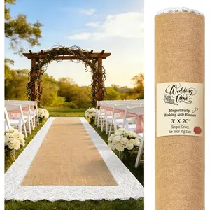 3FT x 20FT Natural Burlap Wedding Aisle Runner Outdoor, Aisle Runner for Wedding Ceremony with Lace, Rustic Jute Carpet Rug, Beach Wedding Decor Aisle Deco