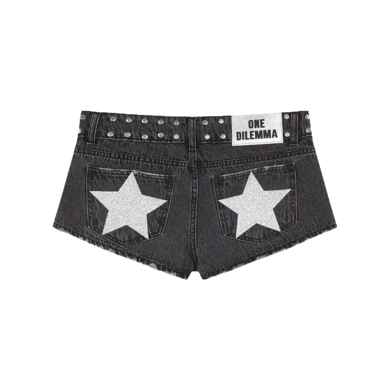 Women's Washed Black Denim Micro Shorts - Silver Rivet Waistband, Red Star Print Back Pockets, Low Rise Ultra Mini, Y2K Punk Hip Hop Streetwear Hot Pants| Womenswear Bottom