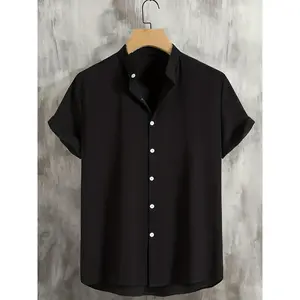 Men's Solid Plain Button Front Shirt, Casual Regular Fit Fitted Drop Shoulder Mock Neck Short Sleeve Top for Summer, Fashion Menswear Men's Clothes for Daily WearRAIMENTRY