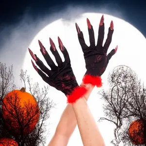 Black and Red Witch Gloves with Nails Halloween Costume