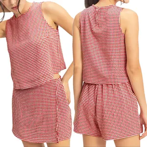 Women's Plaid Gingham 2 Piece Outfit Sleeveless Top Convertible Skort Summer Casual Matching Set