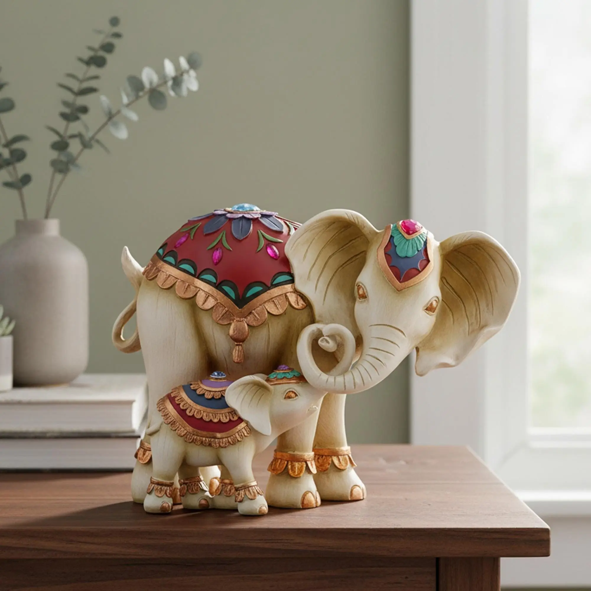 Vintage Hand-Painted Elephant Mother-And-Child Decorative Piece, Unique Resin Craftsmanship, Resin Figurine Statue, Ideal Gift for Home & Living Room, Statues Figurines