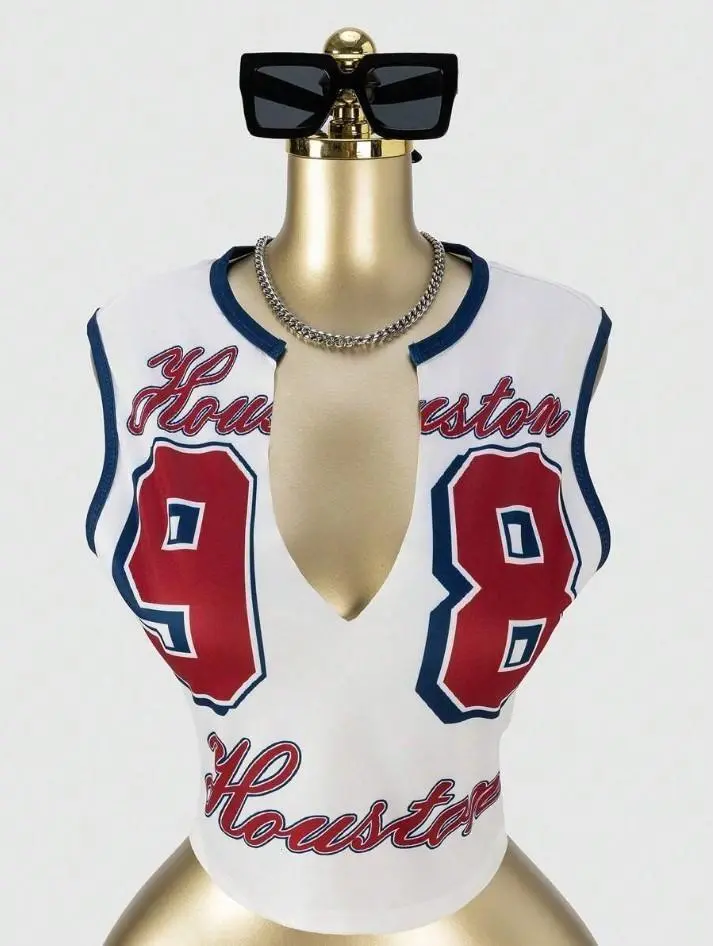 ZESTY Urban Summer Vacation Outfit Sexy Cropped Sleeveless T-Shirt with Number Print Street Style Y2K Graphic Tees