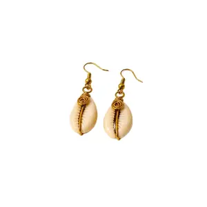 Cowrie Shell Dangle Earrings, Boho Style, Gold Tone Hook, Natural Shell Jewelry