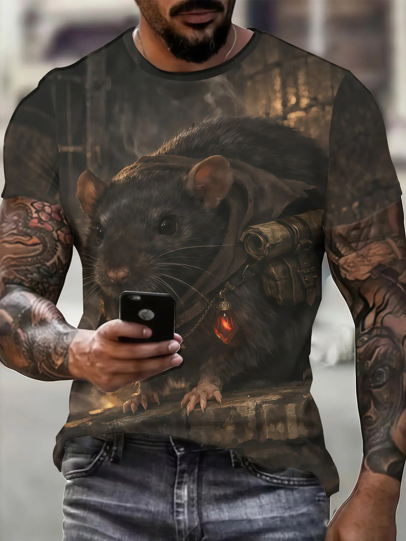 Men's Polyester 3D Digital Print Short-Sleeve Round-Neck Casual T-Shirt - Summer New Menswear with Mouse Pattern, Tshirt