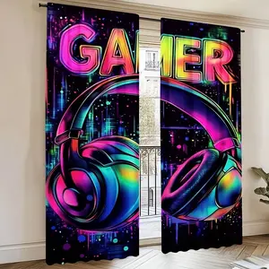 2-Piece Vibrant Gaming Headset Print Curtains, Stylish Rod Pocket Window Drapes for Bedroom & Living Room, Comfortable Atmosphere, Easy Installation, Home Decoration Curtain, Interior Decoration Accessories