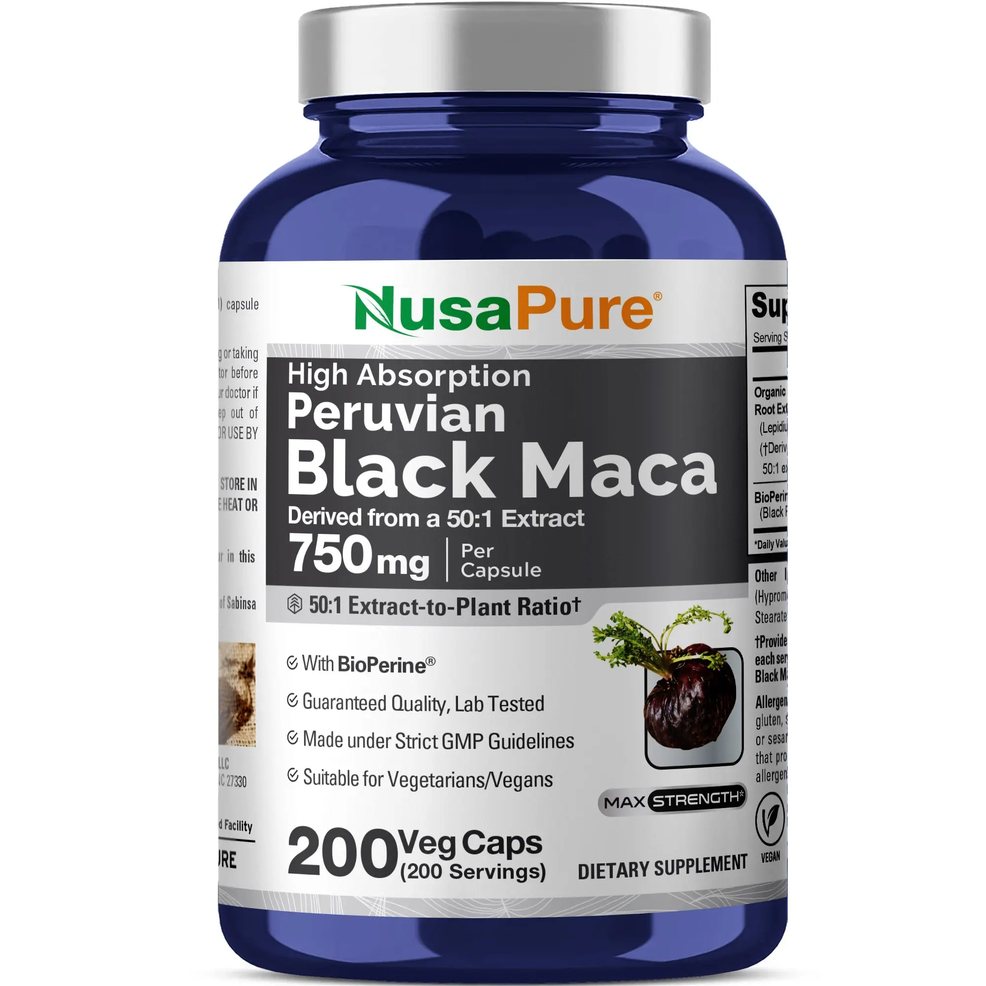 NusaPure Peruvian Black Maca Root Extract Dietary Capsules - 750mg 50:1 (37500mg Equivalent), 200 Count, GMP-Certified Natural Herbal Supplement for Fitness & Reproductive Health, Vegetarian/Vegan, Non-GMO Daily Boost, Natural Herbal Capsules