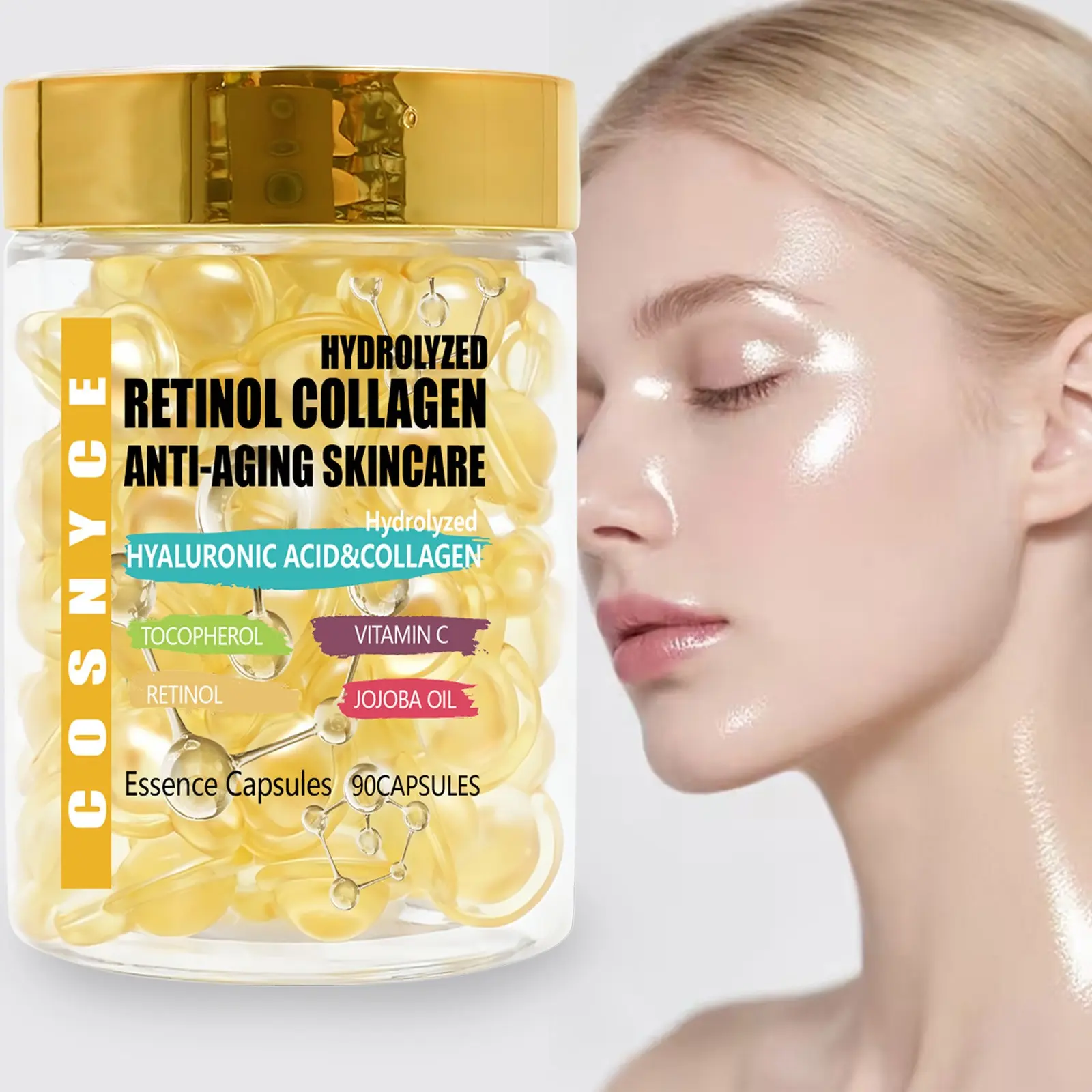 Cosnyce Hydrolyzed Collagen Essence Capsules, Collagen Infused, Vitamin C Retinol, Collagen Peptides Advanced, Hydrating Anti-Wrinkle Moisturizer, Skincare Products, Beauty