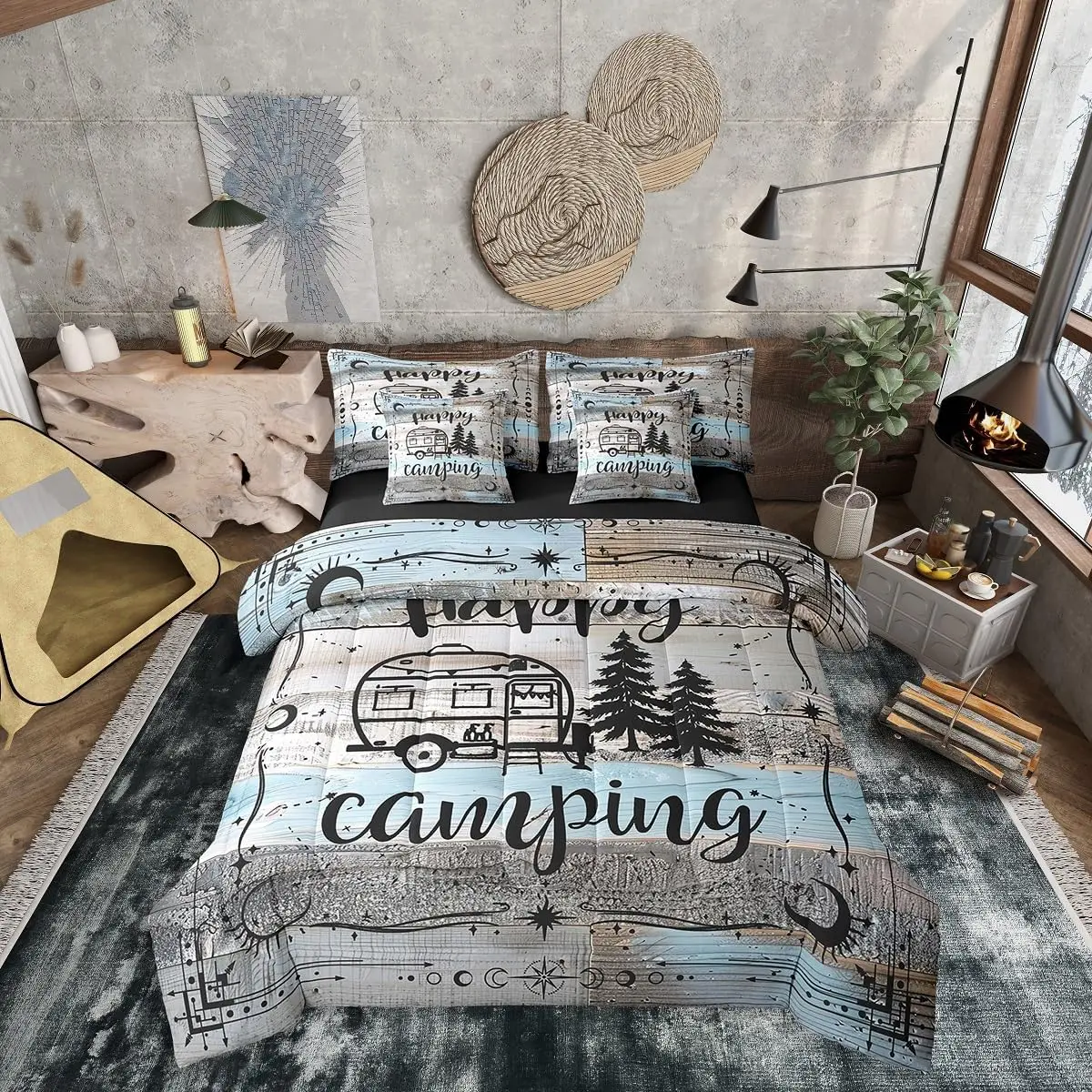 Boho Camper Decor Comforter Set 7 Piece Happy Camping Bedding Set Rv Accessories Bed in A Bag for Travel Trailers Bunks,Rustic Farmhouse Stars Moon Bed Set Blue Grey