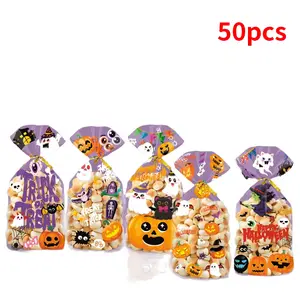 50 Halloween Plastic Candy Bags W/pumpkin Bat Witch Hat Patterns Reusable Trick-Or-Treat Party Gift Packaging Durable Cleanable Festive Design