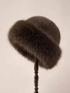 Women's Winter Fox Fur Knitted Hat, Thick Warm Knit Ear Protection Cap, Hand Washable, Perfect Holiday Gift, Elegant Faux Leather Design, Knit Beanie