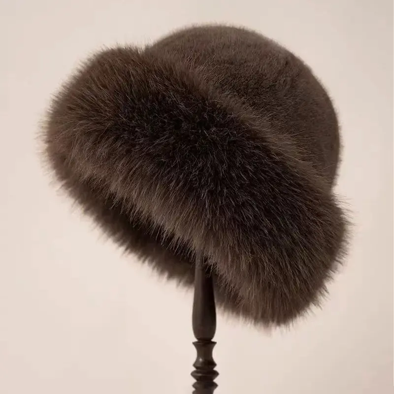 Women's Winter Fox Fur Knitted Hat, Thick Warm Knit Ear Protection Cap, Hand Washable, Perfect Holiday Gift, Elegant Faux Leather Design, Knit Beanie, Beanie Hats, Knitting Warm Hat