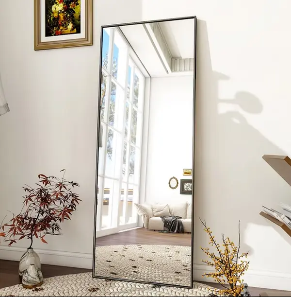 64" Full-Length Floor Mirror, 21.25" Wide Rectangle Mirror with Metal Frame and Stand, Black
