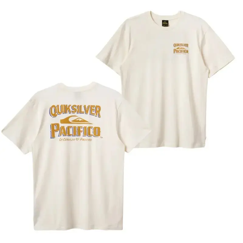 Retro Surf Aesthetic Quiksilver Pacifico Graphic T-Shirt | Vintage Beer Collab Cream Streetwear Tee | Heavyweight Premium Cotton Short Sleeve Casual Top Gift for Men Women