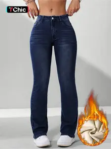 Women's Fall Winter Fleece Lined Woven Thick Warm Comfortable High Waist Skinny Fit Jeans, Elegant Style, All Seasons Wear