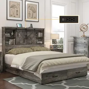 AMERLIFE Wood Platform Bed Frame with 51.2" Bookcase Headboard, Storage Bed with Sliding Barn Door Charging Station 2 Drawers, No Box Spring Neede,Best Gift Ideas/Christmas Gifts