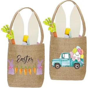 2 Pack Easter Baskets Burlap Bunny Tote Bags with Handle and Rabbit Ears Easter Baskets Essentials Eggs Hunt Stuff Spring Candy Gift Boxes for Kids Toddler Boys Girls