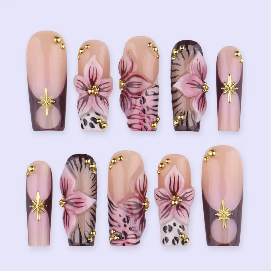 Spring Mocha Floral Press On Nails | 3D Flower & Gold Cross Fake Nails in Long Square | Handmade Nail Art for Everyday Elegance