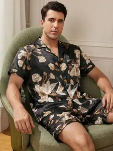 Men's Satin Floral Printed Lapel Long Sleeve Top and Pants Two-Piece Pajama Set, All-Season Home Clothing, Comfortable, Casual and Stylish